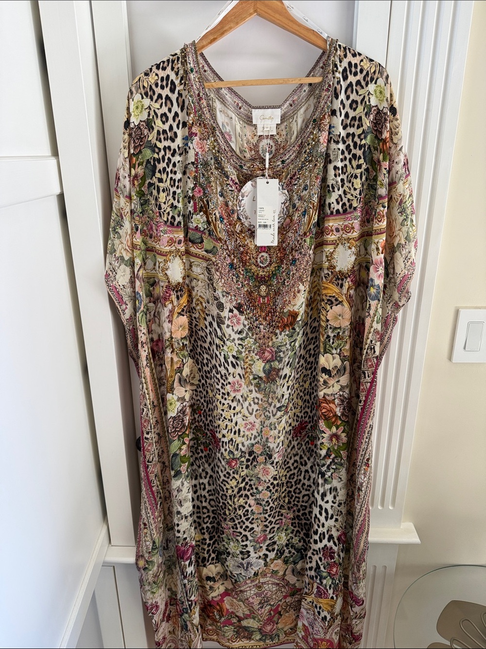 Camilla Beige Floral & Leopard-Print Beaded Maxi Caftan